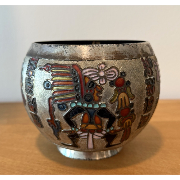 Vintage Miguel Pineda Champleve Enamel Bowl Vase Neo Mayan Mexico Silver Plated - Picture 1 of 7